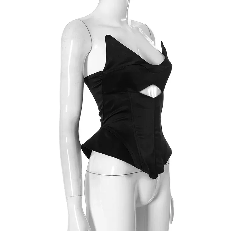 مشد كلاسيكي جديد لعام 2025 ملابس الشارع الشرير الداكن مثير مفرغ غير منتظم كاميس Y2K الجرونج بدون ظهر بأشرطة على الطراز القوطي النحيف #5