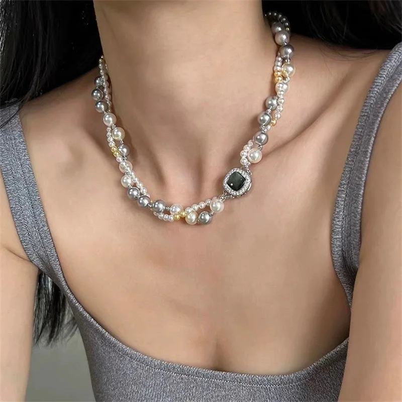 

Light Luxury Mixed Color High Quality Pearl Double Layer Necklace Niche A Two Wear Sweater Chain High-grade Mixed Color Choker