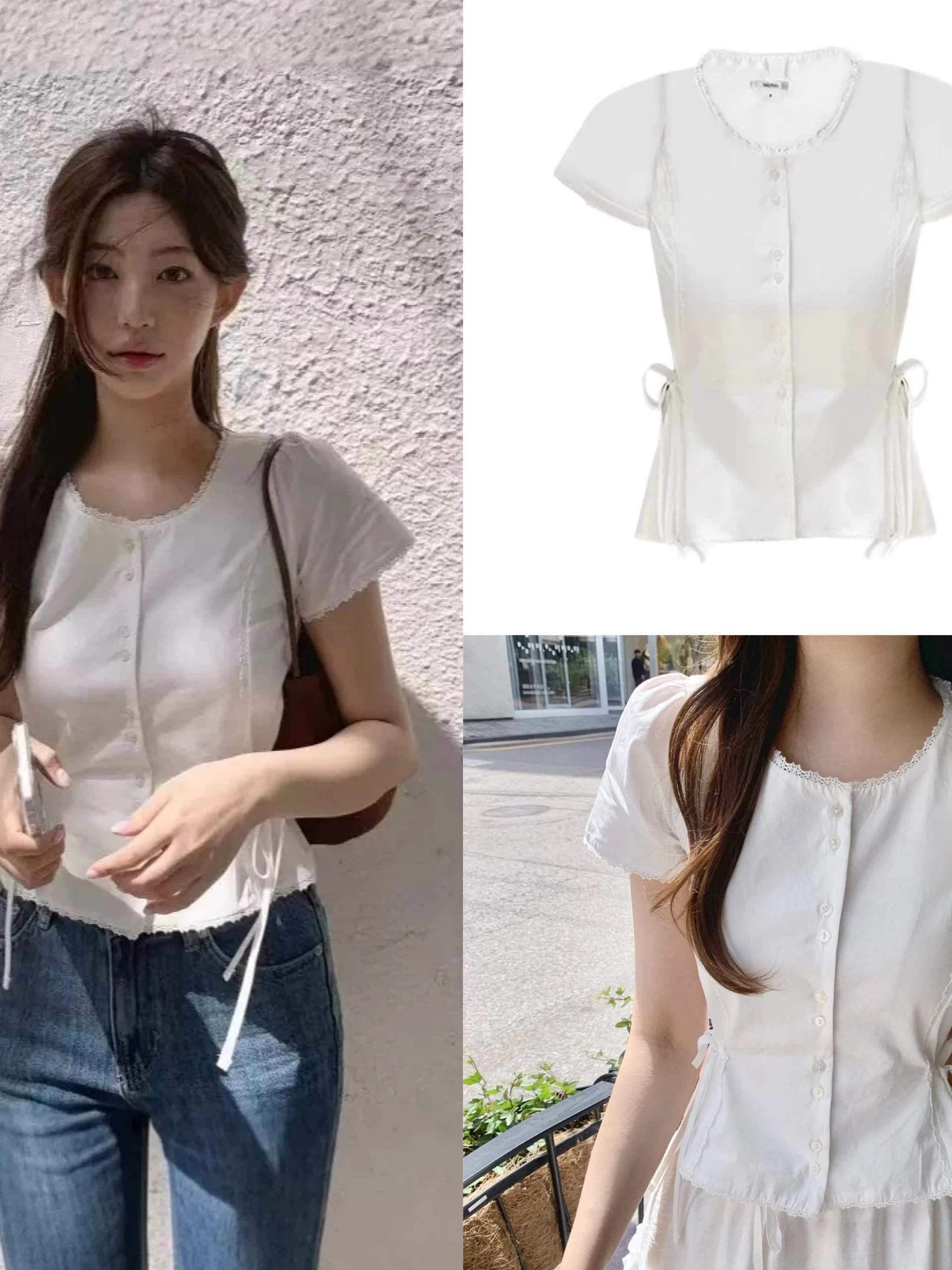

Zaen*o Lace Trim ort Sve Slim Fit Waist Cinched Belted Slimming irt Korean Sle Women's Faion Summer irt