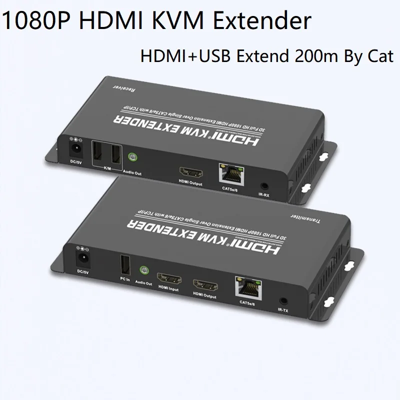 

HDMI-compatible KVM Extender Over Single CAT5e/6 With TCP/IP 200M Full HD 1080P Transmitter Receiver 3,5mm Audio Out USB-B Input