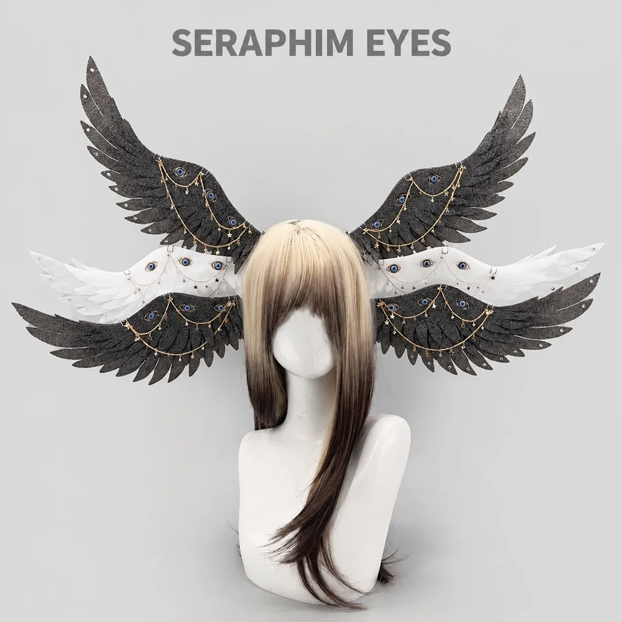 Gothic Seraphim Angel Wing Hair Clips with Eye Charms and Star Chains for Halloween Cosplay