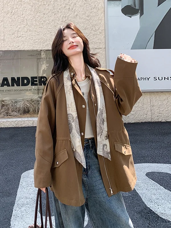 

Casual Print Silk Scarf Coffee Color ort Coat Spring Autumn 2025 New Small Size Dstring Waistcoat Korean Sle Commute