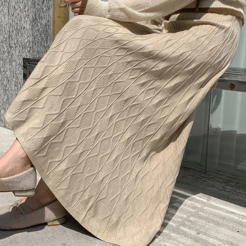 Nueva Falda larga coreana De cintura alta para Mujer, Faldas De Mujer De Moda Vintage, corte en A, Jupe tejido Saia, Faldas tipo túnica De Color sólido