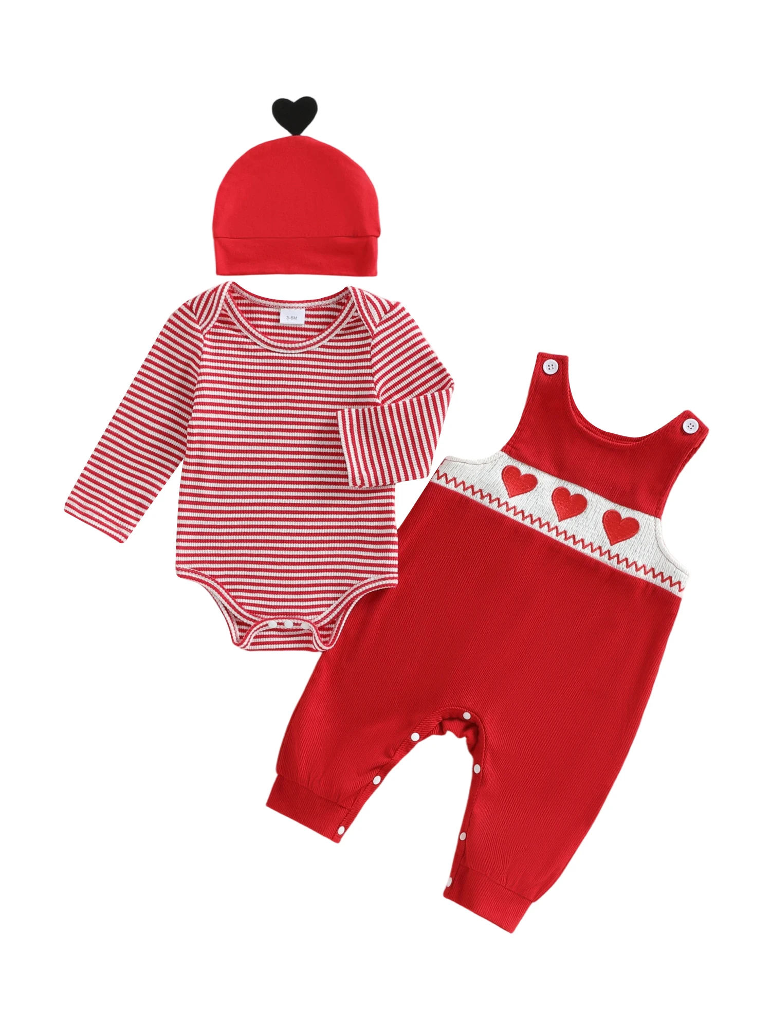 طقم ملابس للأطفال الأولاد في عيد الحب بأكمام طويلة مخطط مع سروال وقبعة مطرز على شكل قلب للرضع #1