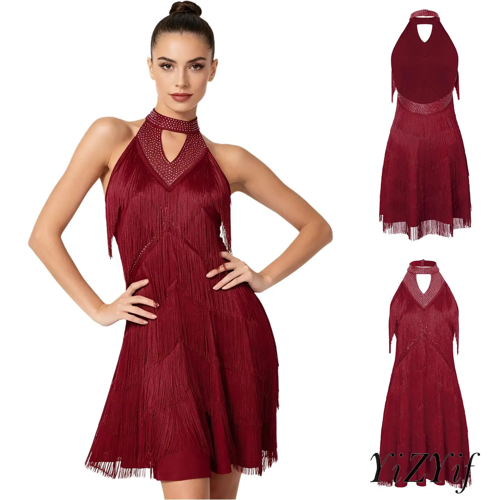 

Womens Tango Flamenco Dance Dress Rhinestones Tiered Tassel Backless Keyhole Fringe Dresses for Latin Samba Ballroom Performance