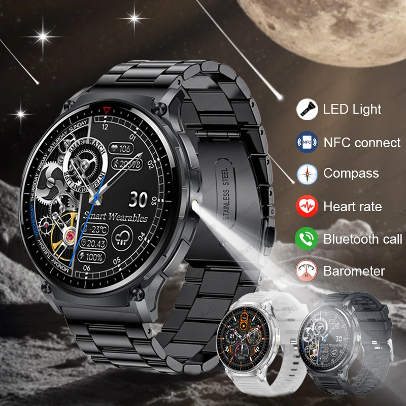 Outdoor Smart Watch Men LED Light AMOLED HD Screen NFC Compass Sports Fitness Tracker Bluetooth Call Smartwatch 2024 New