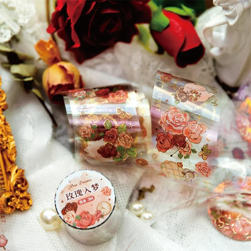 1Roll  Rose series PET tape Fresh vintage flower tent Guka decorative stickers Tapes 4 Sections 45mmx3m