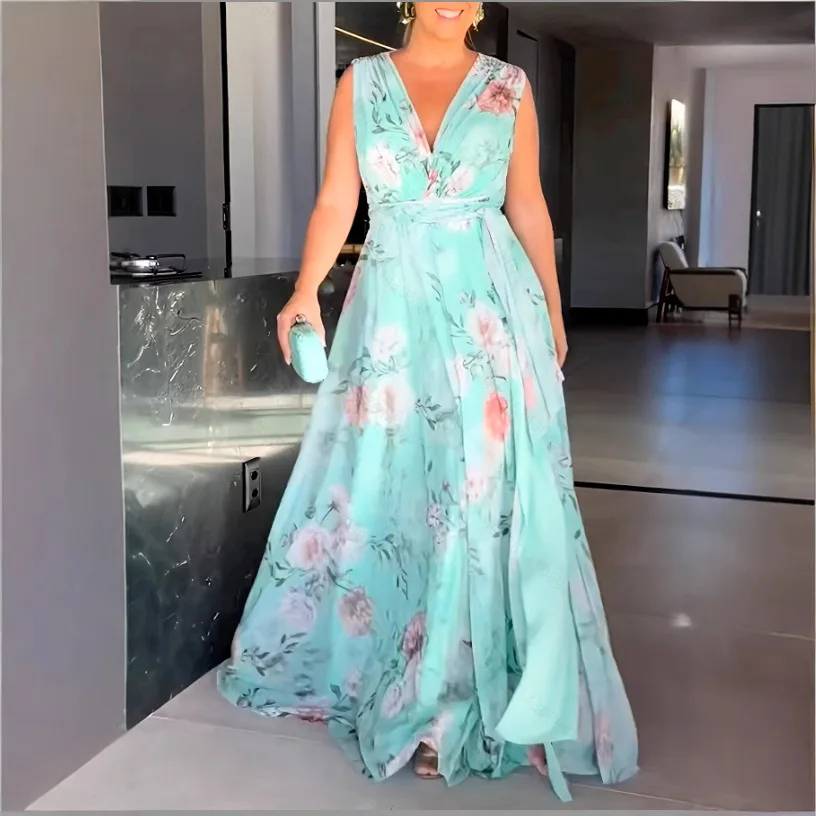 Sommer Damenmode Schulterfreies ärmelloses bedrucktes Kleid Sommer rückenfreies Kleid Temperament V-Ausschnitt bedrucktes A-Linie langes Kleid
