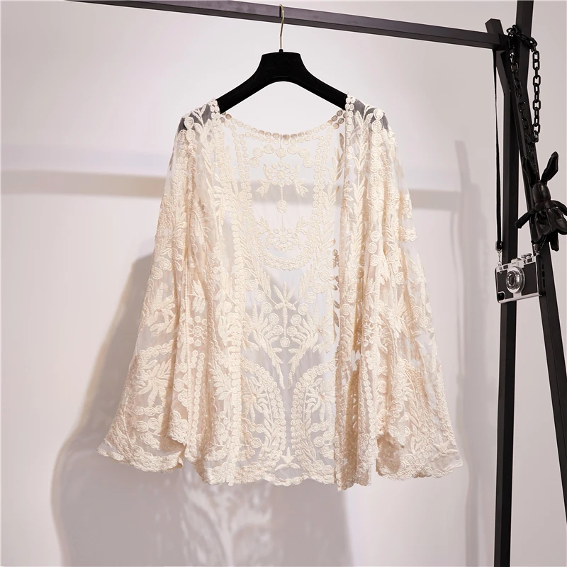 Hollow Out Crochet Mesh Lace Shirts Cardigan Women Holiday Beach Long Sleeve Cover-Up Coat Korean Style Sweet Beige White Top