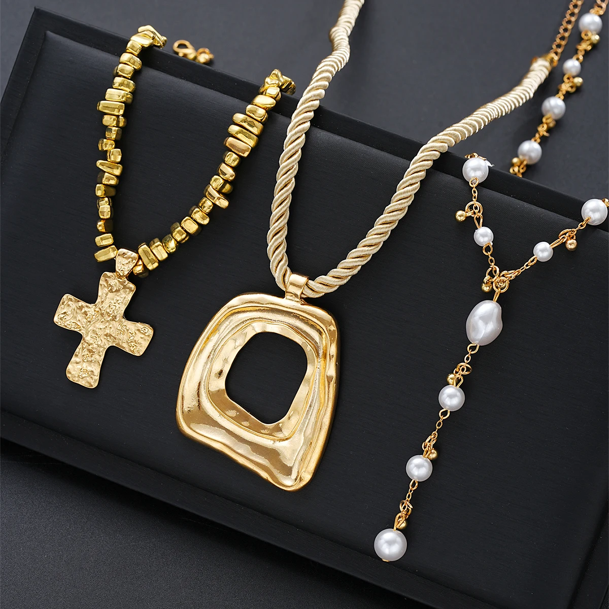 3 قطع مبالغ فيها غير النظامية الصليب قلادة قلادة مجموعة للنساء الأوروبية والأمريكية خمر حبات اللؤلؤ قلادة حزب مجوهرات #3