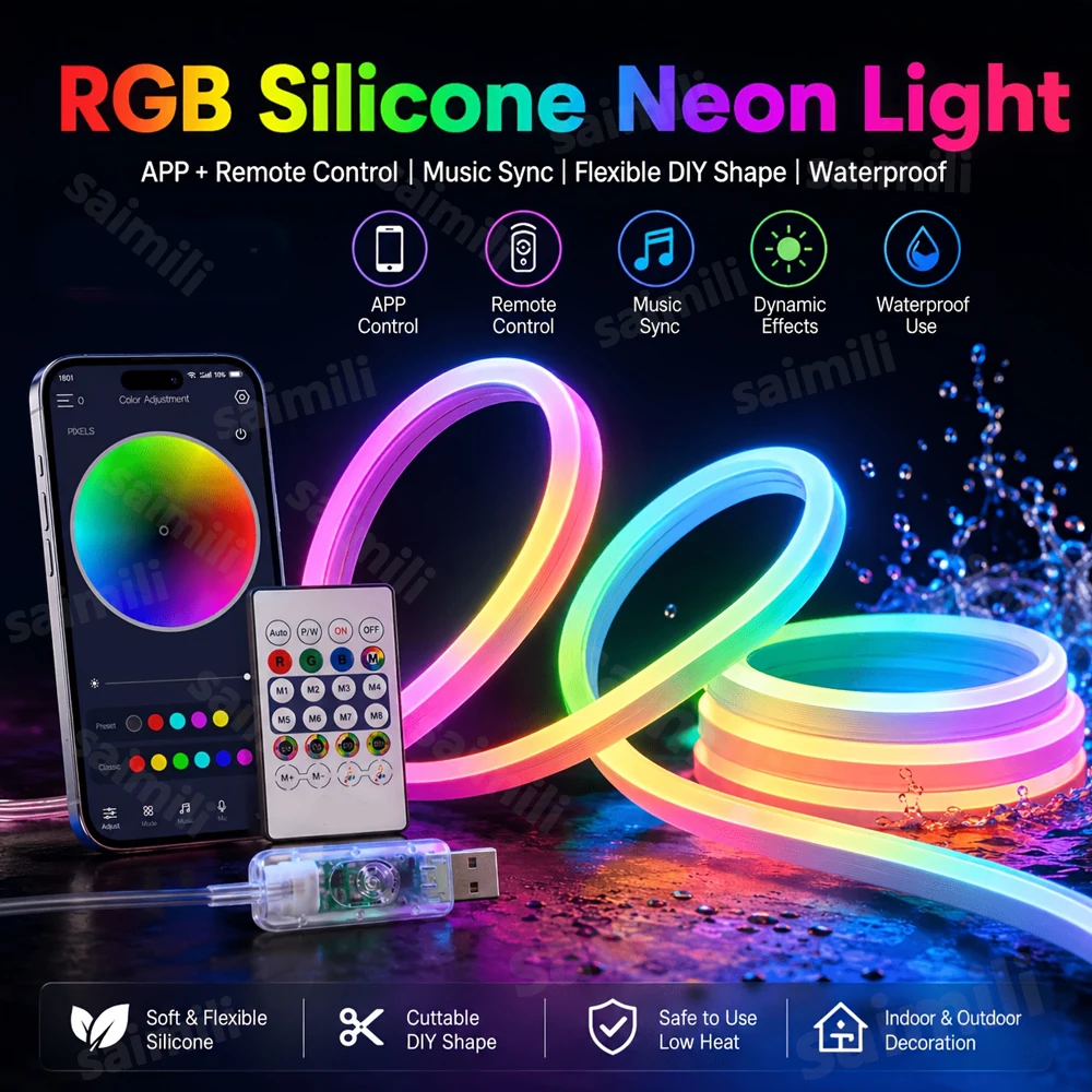 RGBIC Neon LED Strip Light DC5V USB Powered Bluetooth Music Sync Rope Tape Waterproof Flexible Strip for Party Gaming Decoration