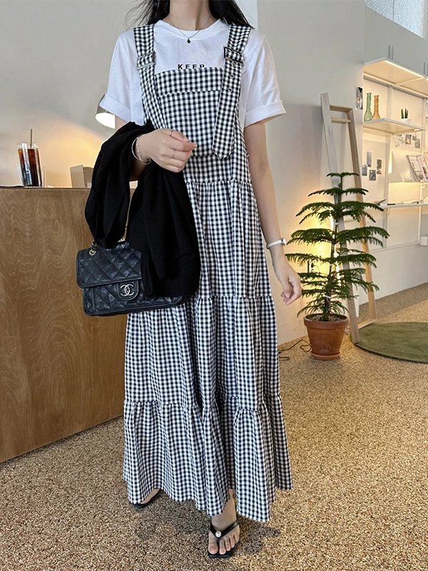 

Sweet Casual Plaid ter Dr Women Summer New Loose Layered Wear Cake Long Skirt Faionable Ensemble round Ne ort Sve