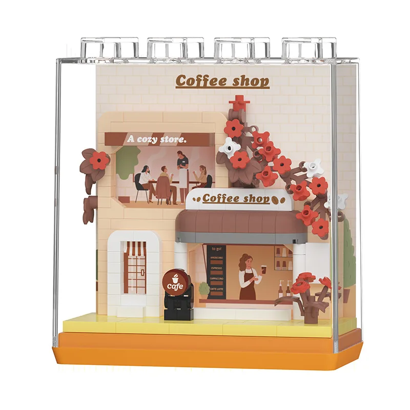 Diversão vista de rua loja blocos de construção loja de casamento café casinha castelo edifício vista de rua modelo brinquedo das crianças presentes