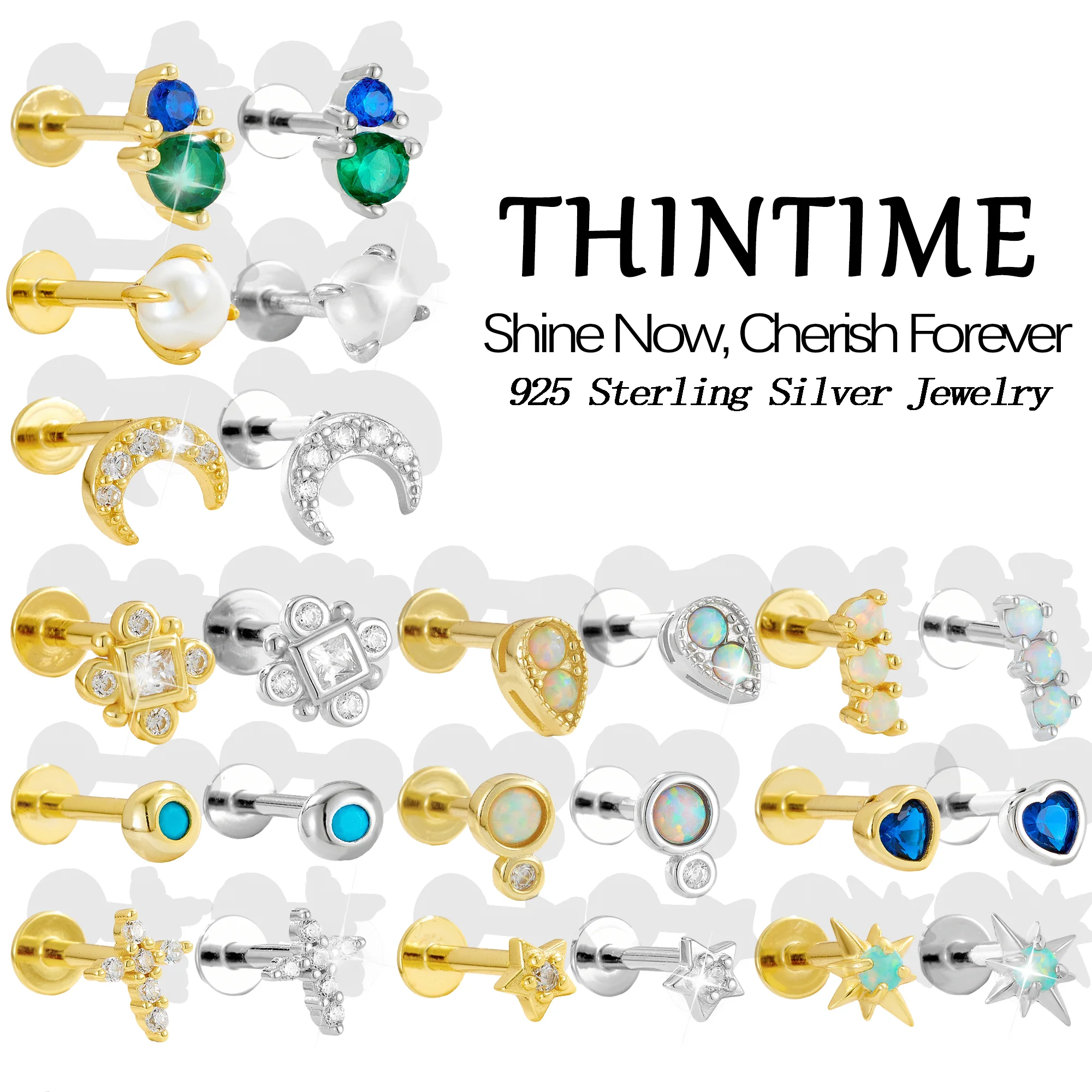 

925 Sterling Silver Piercing Jewelry Opal Zircon Moon Star Geometric Shape 1pc Stud Earrings for Women INS-Style Fashion Jewelry