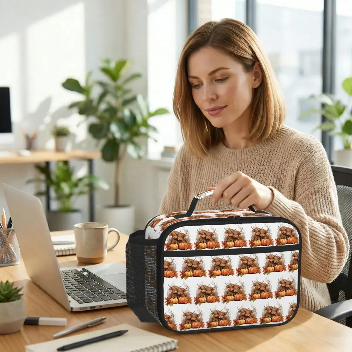 Highland Cow Calf Autumn Leaves Insulated Lunch Bag for Kids School Cooler Thermal Food Box Tote Leakproof Lunch Boxes Container