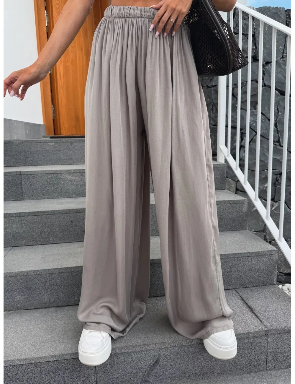 Nowe damskie spodnie codzienne, jednolite, luźne spodnie z wysokim stanem, modne spodnie z szerokimi nogawkami do ziemi.