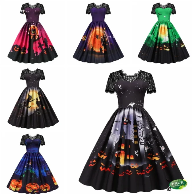 loween Fly Costume Court Dr Pumpkin Outfit Kids Long Skirt High Waist Bell Sve round Ne Gown for Children