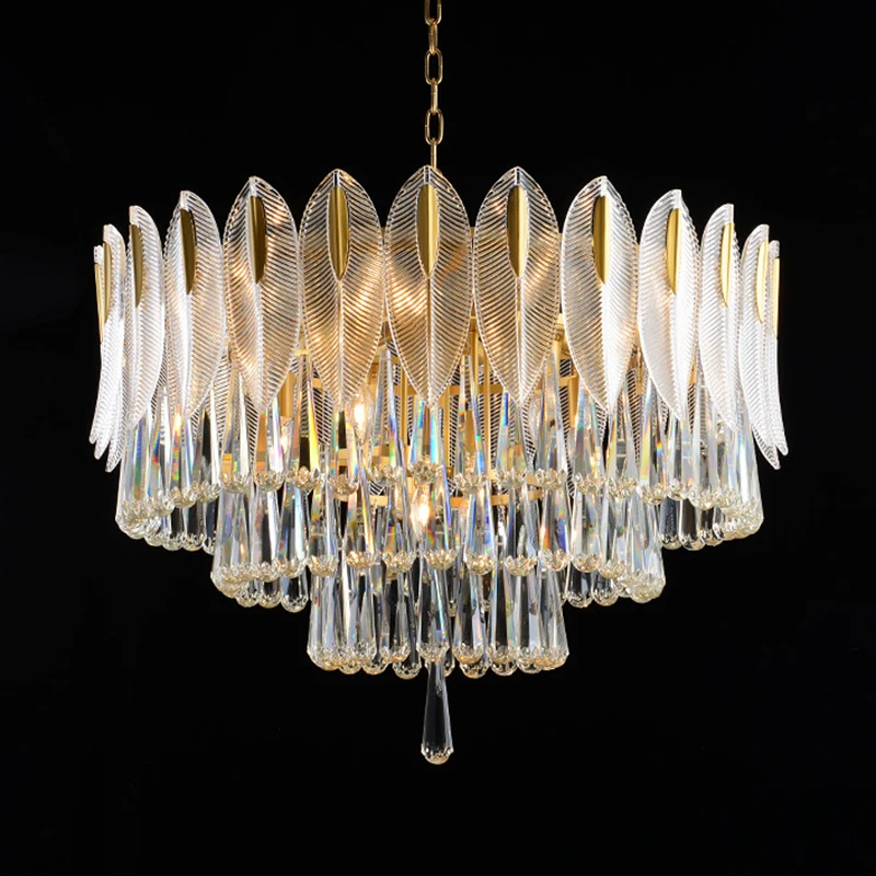 

Living room chandelier in brass with crystal glass decoration, height adjustable, gift LED bulbs, round and oval