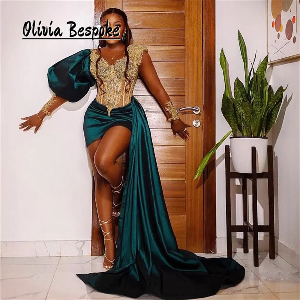 Vestidos de fiesta Aso Ebi de sirena verde oscuro Apliques de encaje con cuentas doradas Vestido de noche de manga abombada con tren lateral Africano personalizado