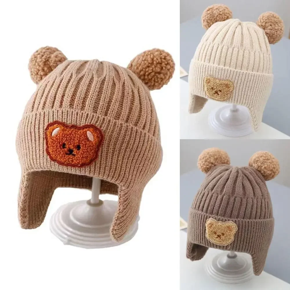 Korean Knitted Baby Cap with Earflaps Cute Bear Pompom Kids Hat Beanie Warm Autumn Winter Boys Girls Ear Protection Bonnet Caps