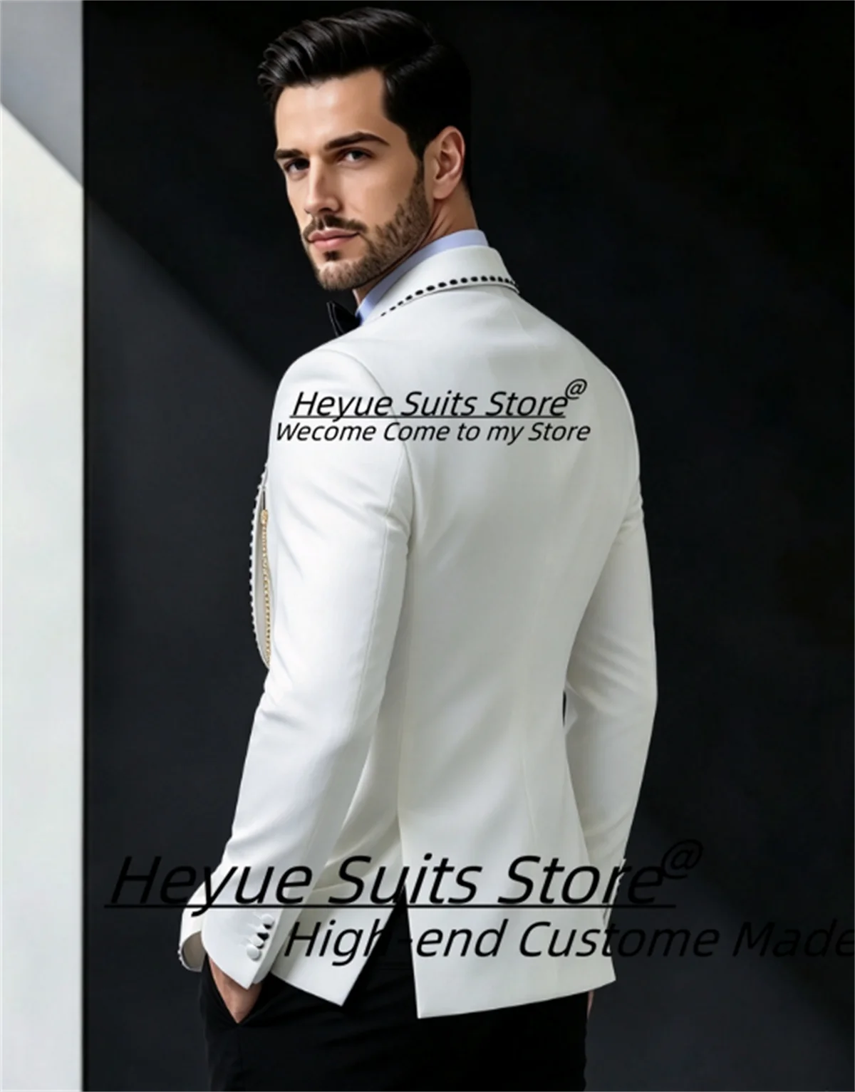 Elegant White Men Suits Customized Stitched Piping Peak Lapel Double Breasted Groom Wedding Tuxedos 2 Pieces Sets Ropa Hombre
