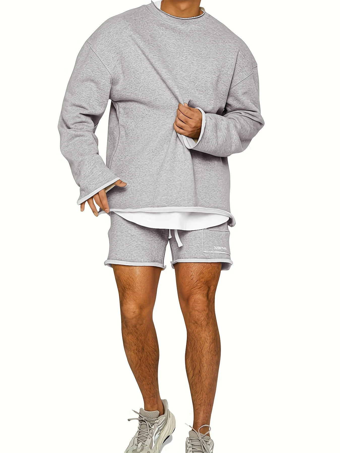 

Men's Light Gray Casual Set 2 Piece Crew Neck Long Sleeve Tee & Letter Pocket Shorts Outfit