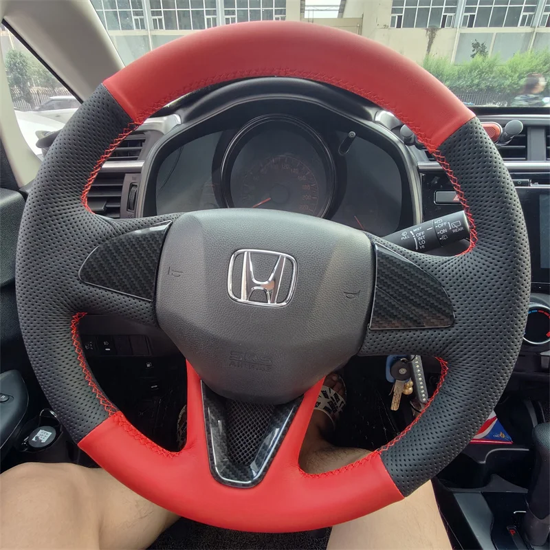 For Honda Fit 2014 Honda Vezel 2015 2016 2017 DIY red Leather Car Steering Wheel Cover Full Coverage Steering Wheel Accessory