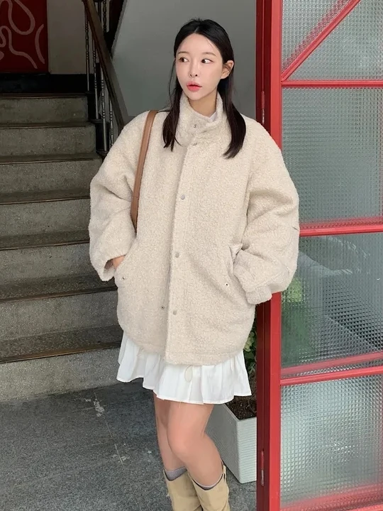 

Winter Thiened Large Coat Circle Woolen Jaet Loose Fit Stand Collar Korean Sle Mid-Length Faionable Women's Outerwear