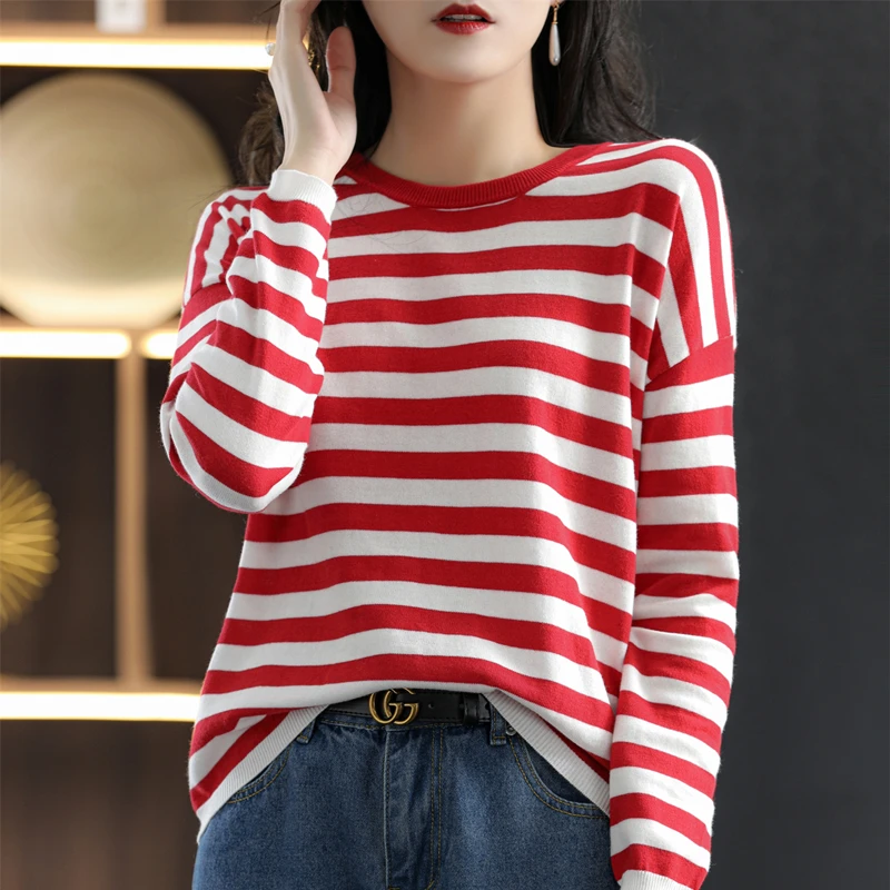 Pure cotton round neck striped knitted bottoming shirt women\'s spring and autumn new loose and thin all-match women\'s pullover