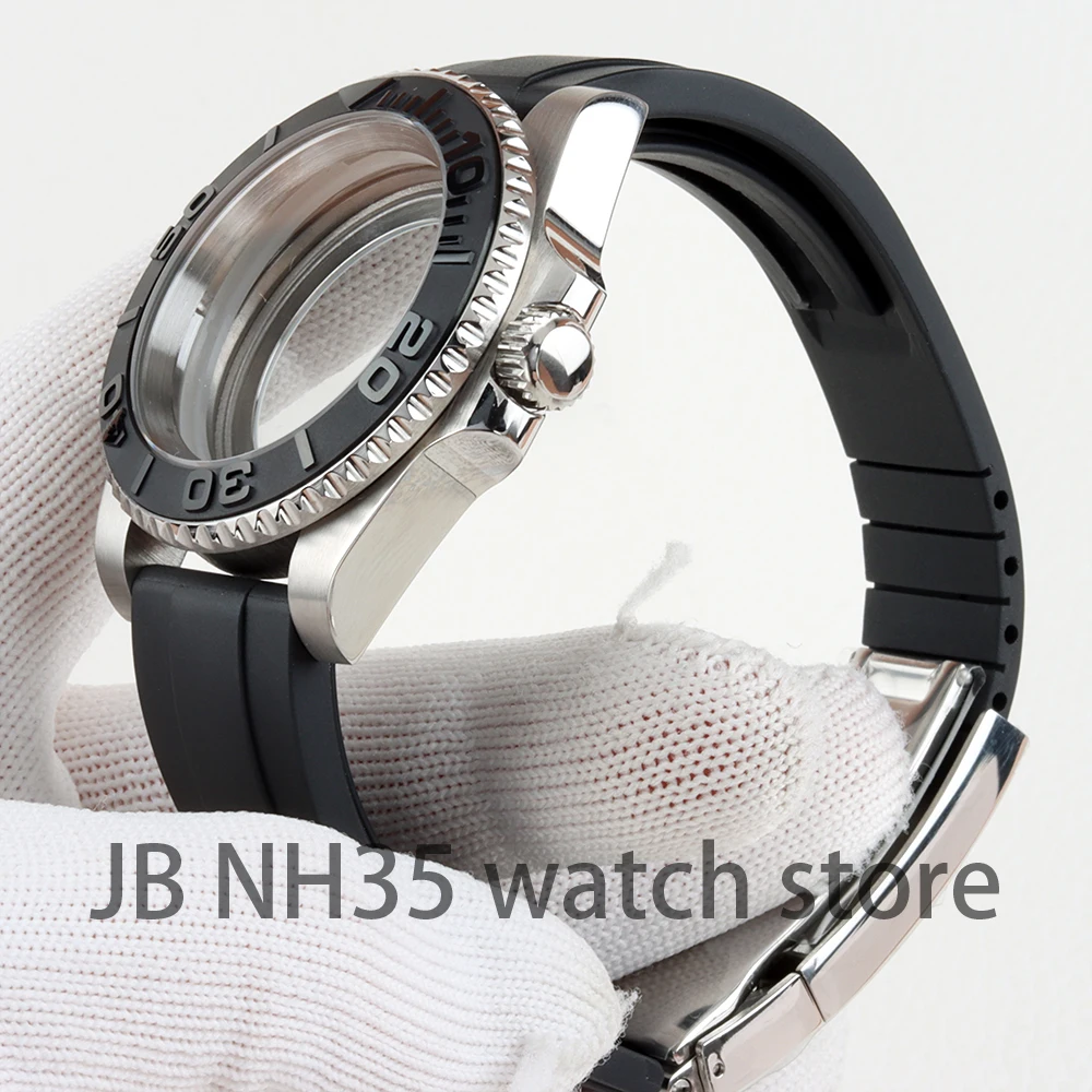 40mm Black /Sliver Ceramic Bezel Watch Case Sapphire Glass Rubber Strap For NH35 NH36 NH38 Movement 28.5mm Dial Yacht-master