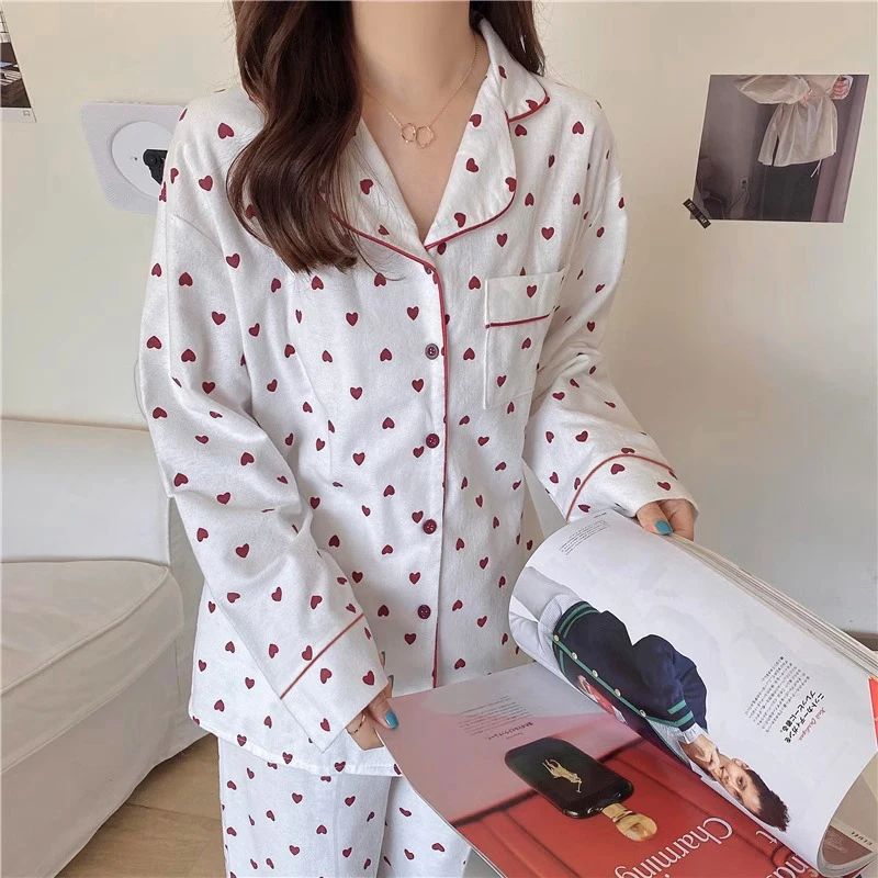 Pijamas de descanso de estilo coreano para mujer, pantalones de manga larga a la moda, ropa de estar por casa elegante y cómoda con solapa,