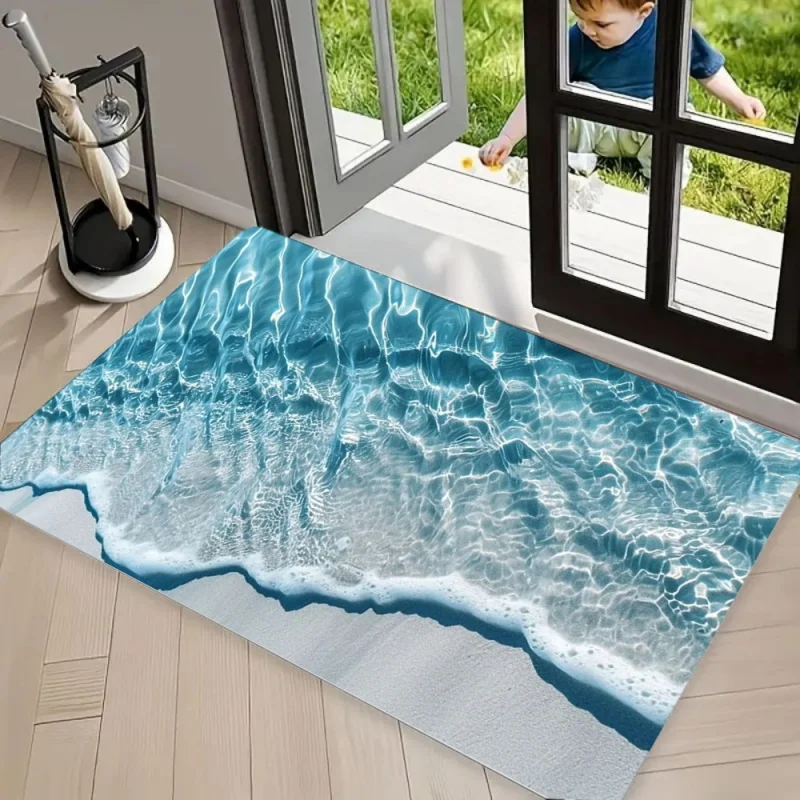 Floor Mat Realistic Seawater & White Foam Design Washable Entry Doormat Summer Tropical Beach Surf Area Rug CarpetNon Slip