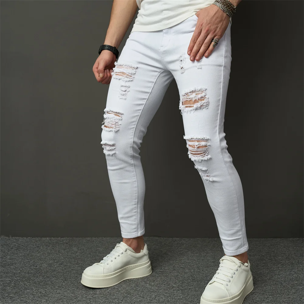 Streetwear Men Simple Style Stretch Skinny Jeans Pants Male Holes Solid Distressed Slim Pencil Denim Trousers