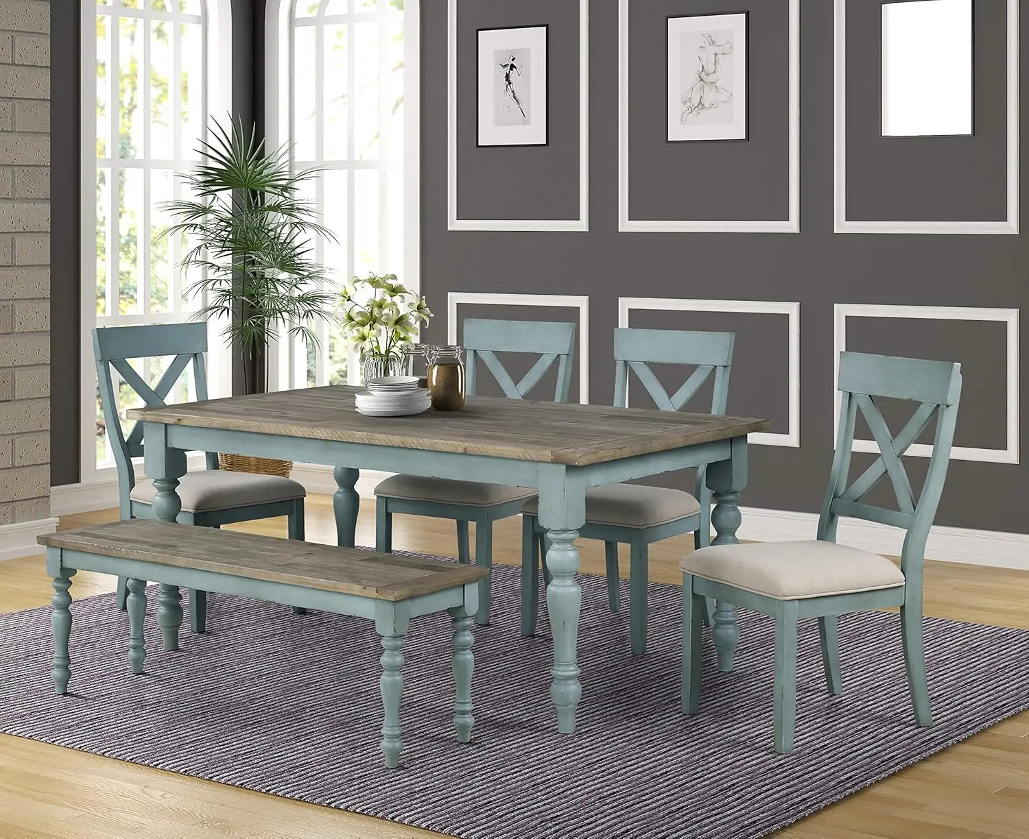 

6-Piece Dining Set, Dining Table with 4 Cross Back Chairs and Bench Antique Blue and Distressed Walnut Finish