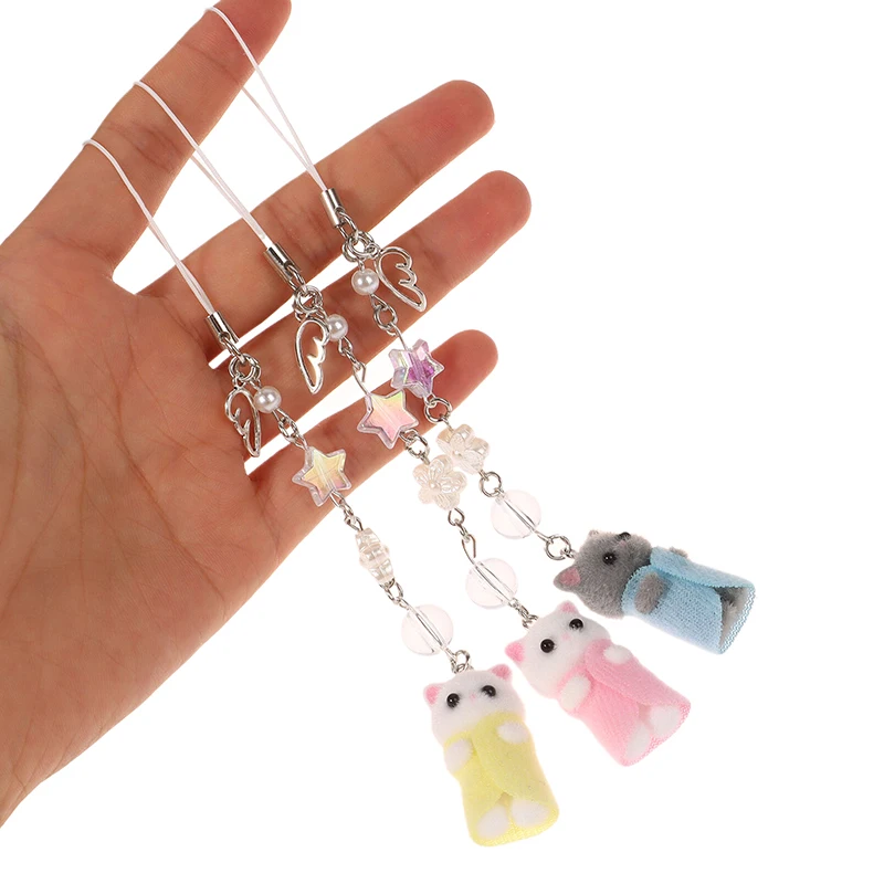 3D Flocking Cat Keychain Cute Flocked Cat Animals Keyring Bag Charms Pendant Backpack Charms Car Decor Accessories