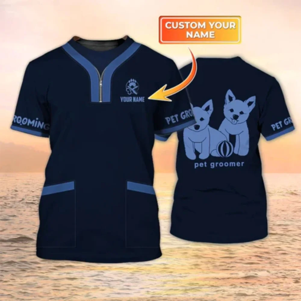 Dog Grooming Customized Name T Shirt for Men and Women Short Sleeve Tops Uniform Pet Groomer Uniform Loose Casual Tee EU XS-6XL