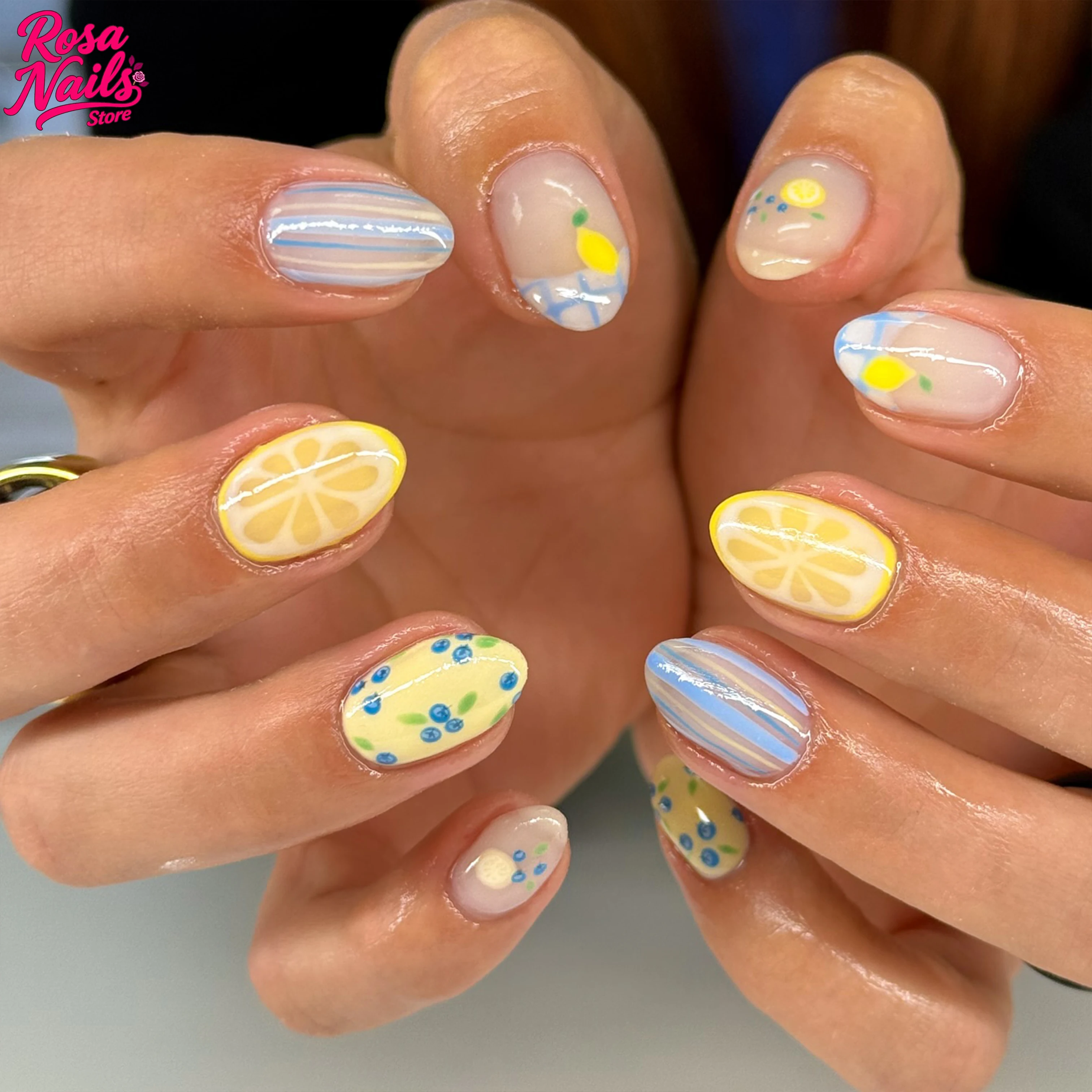

Short Press on Nails Yellow Lemon Hand Painted Summer Nail Art Cute Press ons Short Kawaii Blue Stripe Pressons Handmade Nails