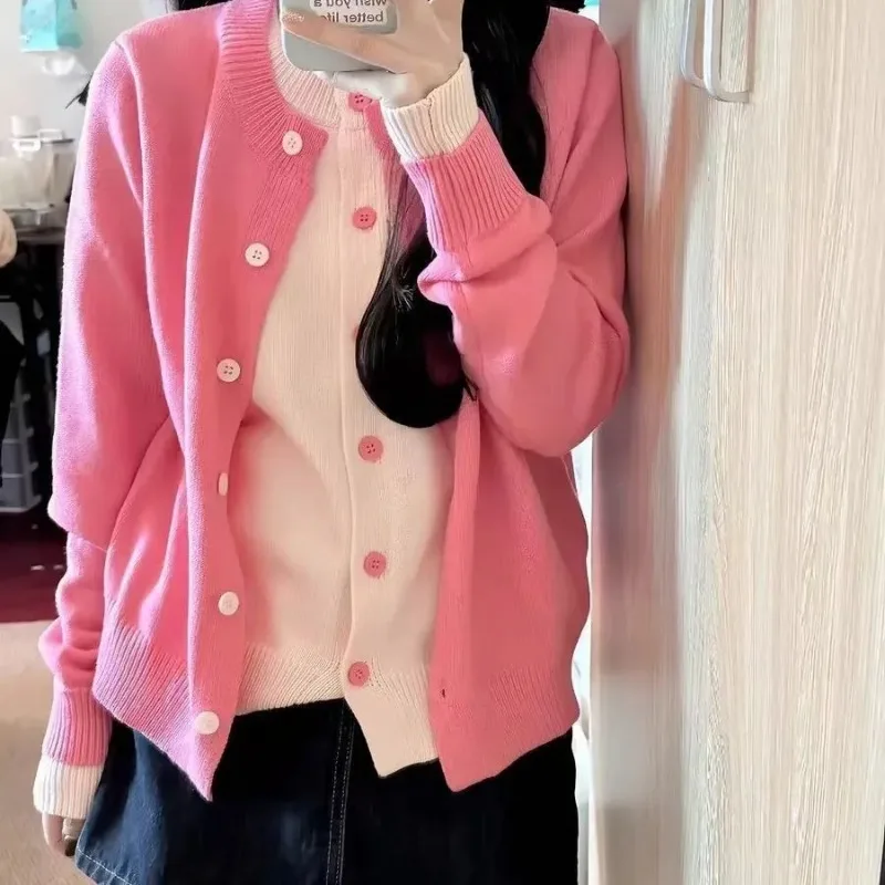 

Women Clothes Spring Autumn Fashion Fashion Casual Button Color Blocking Knitting Cardigan Female Patchwork Sweater Fake Two Pie