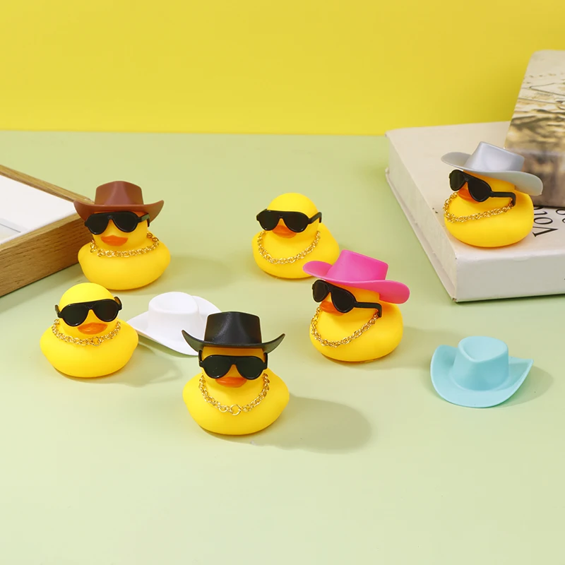 1 Set Cool Car Accessories With Cowboy Hat Necklace And Sunglasses Rubber Duck Car Ornaments Duck Car Dashboard Decorations