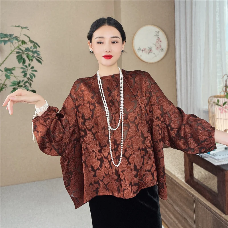 

Vintage Sle Silk irt Women's round Ne Large Sve Lantern Sve Loose Fit Floral Cut out Antique Look Chinese Cloud S...