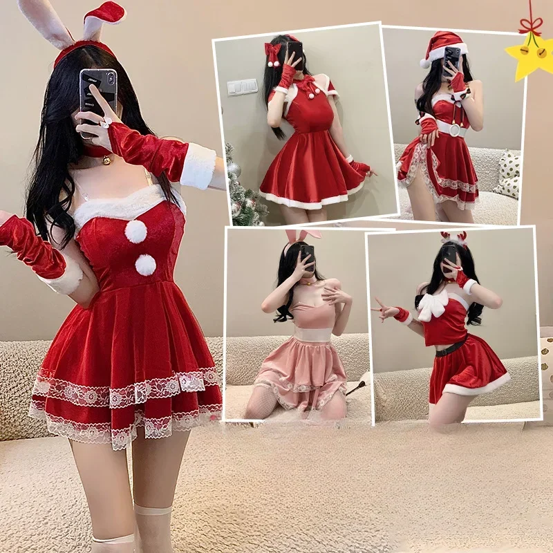 Uniforme de lapin en peluche sexy de Noël pour filles, costume de cosplay, robe rouge en velours, chemise de nuit du nouvel an, tenues de jeu en plis, sous-vêtements pour filles