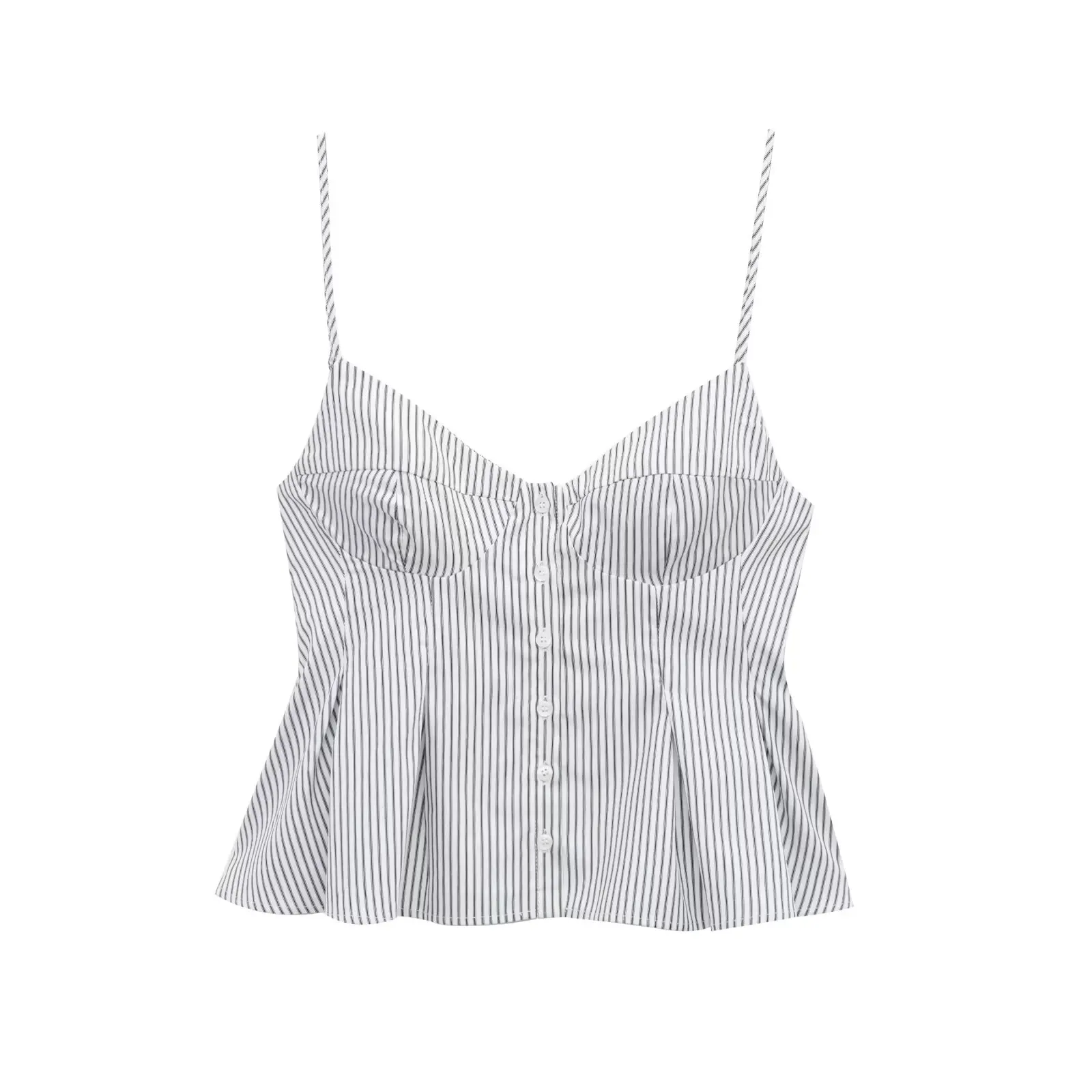 Zevity 2025 여성 세련된 섹시한 민소매 스트라이프 프린트 슬링 Camis 탱크 레이디 싱글 브레스트 플리츠 슬림 셔츠 블라우스 탑 LS2618