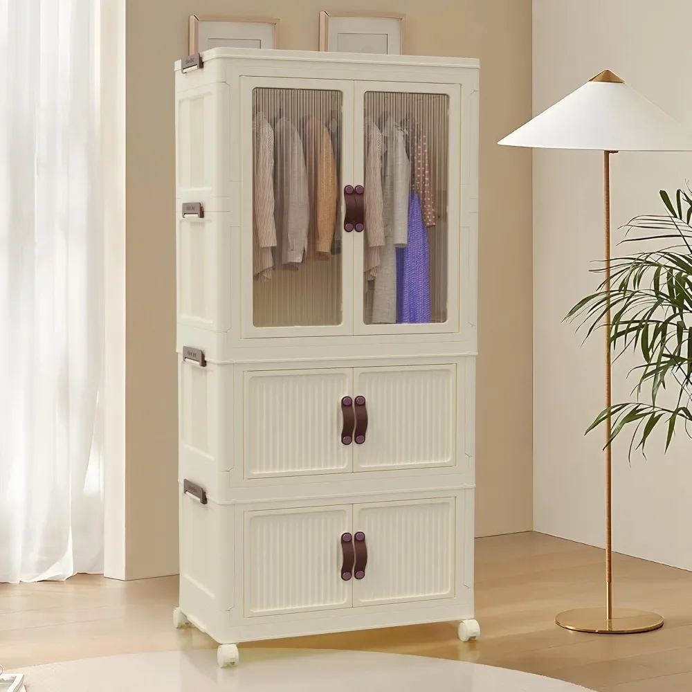 

Portable Closet Wardrobe, Collapsible Armoire wardrobe closet with Doors, Wheels and Hanging Rod, Easy Install(Large)