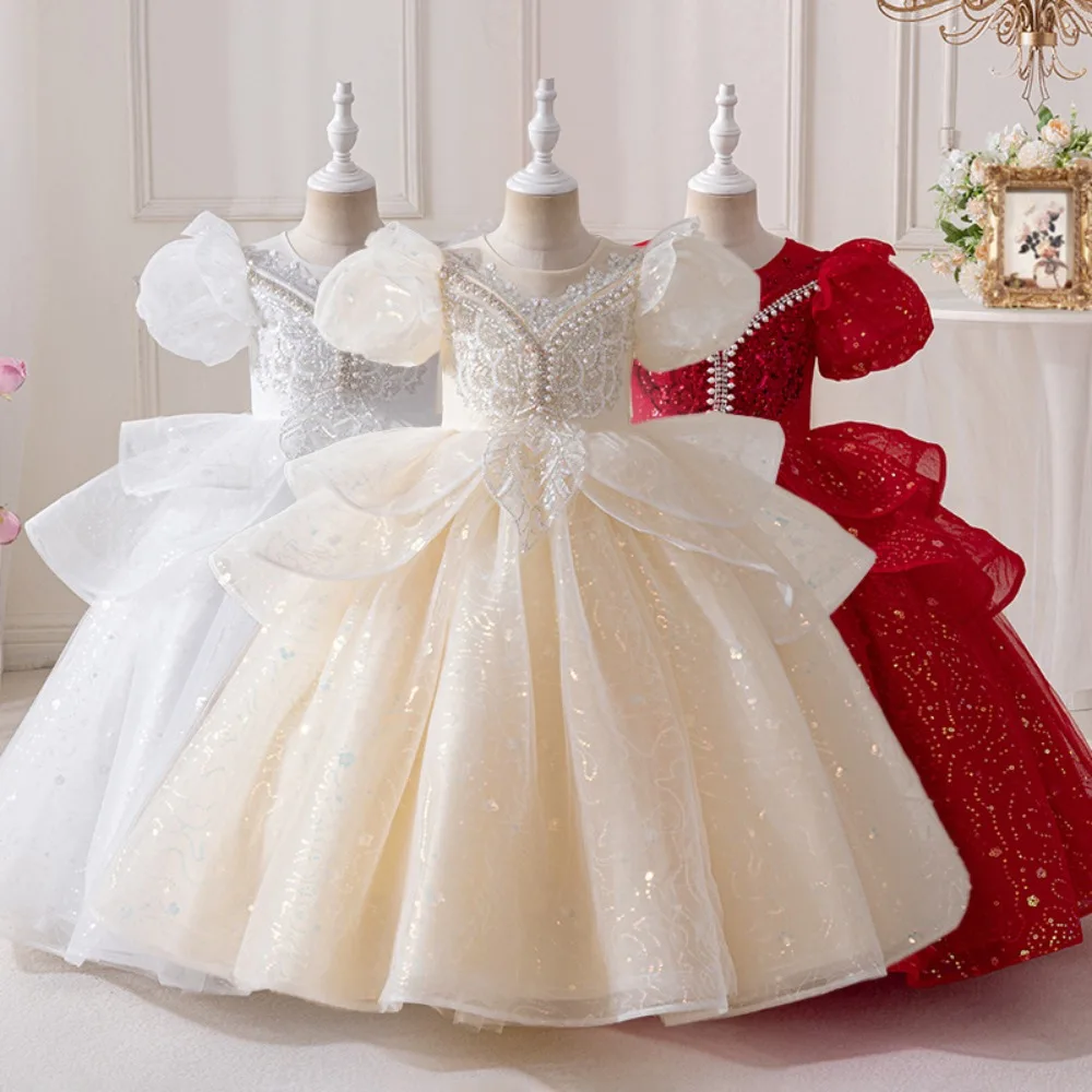 Custom Luxury Dress Women Wedding Guest Dress Flower Girl Wedding Gown Birthday Party Pageant Runway White Sequin Tulle Beaded