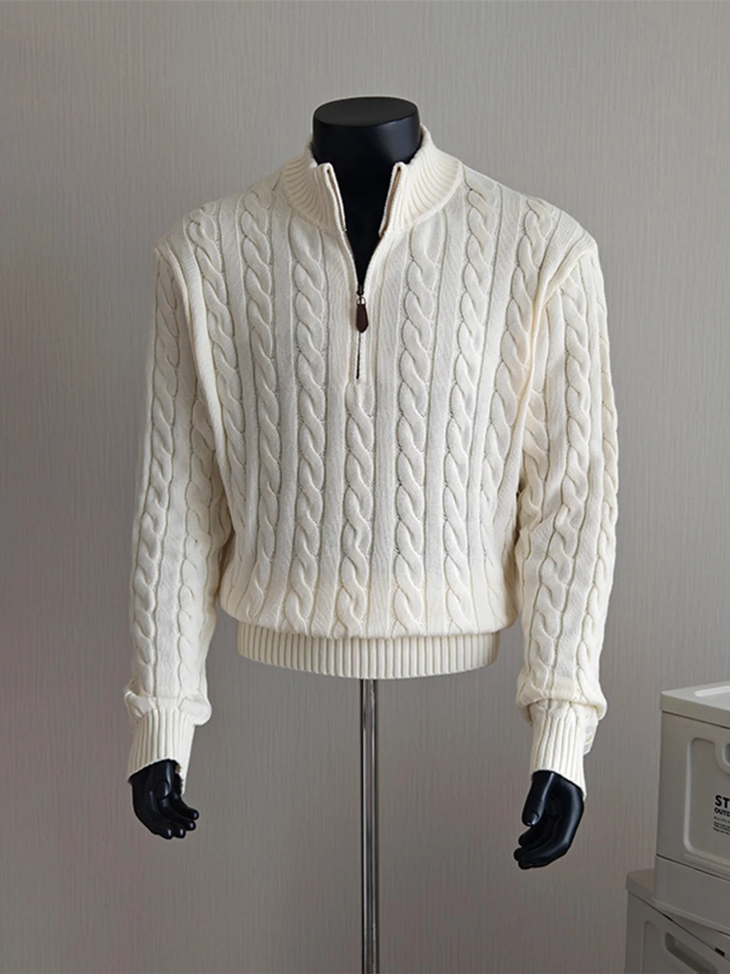 

Мужской вязаный свитер на молнии из плотной крученой пряжи с воротником-стойкой, базовый слой, повседневный, с длинным рукавом