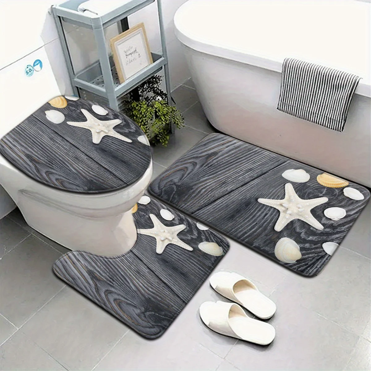 

3pcs Starfish Shell Bathroom Rug Set Non-Slip U-Shaped Mat and Toilet Lid Cover Gray Wood Grain Theme Washable Floor Mats