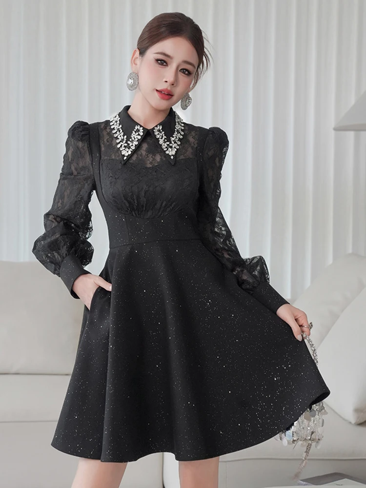 Exquisites süßes Geburtstagsparty-Kleid für Frauen, elegant, niedlich, helle Strasssteine, Diamanten, transparente Spitze, Ballkleid, Bankett, Vestidos