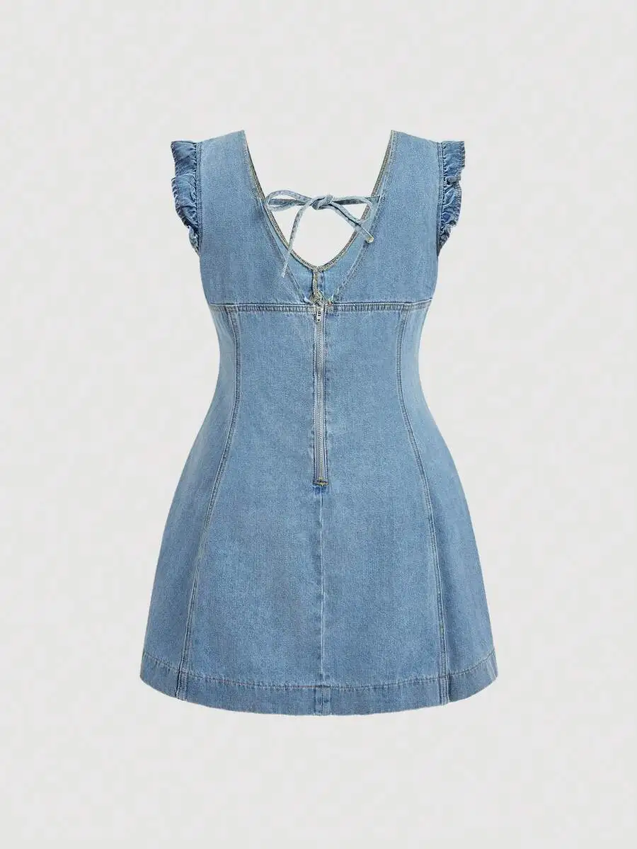 

Plus Size Women Denim Blue Cap Sleeve Bow Tie Dress Collegiate Style