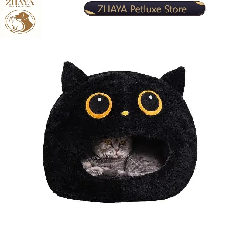 ZHAYA Black Cat Appearance Pet Nest 35x40x30cm Fully Enclosed Comfortable Dog Cave Four Seasons Cozy Sleeping Bed House