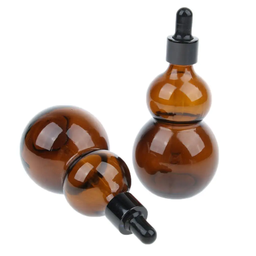 2 Pcs 50ml 100ml Gourd Shaped Amber Glass Bottles for Essential Oil with Glass Eye Dropper Refillable